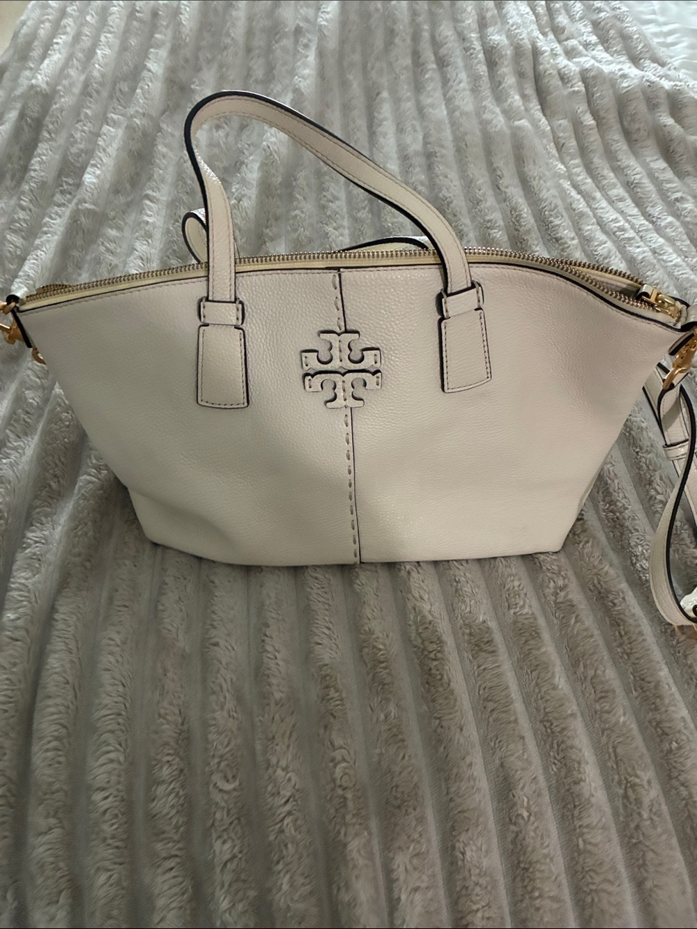 Tory Burch Cream Pebbled Leather Dome Satchel with Logo Accent